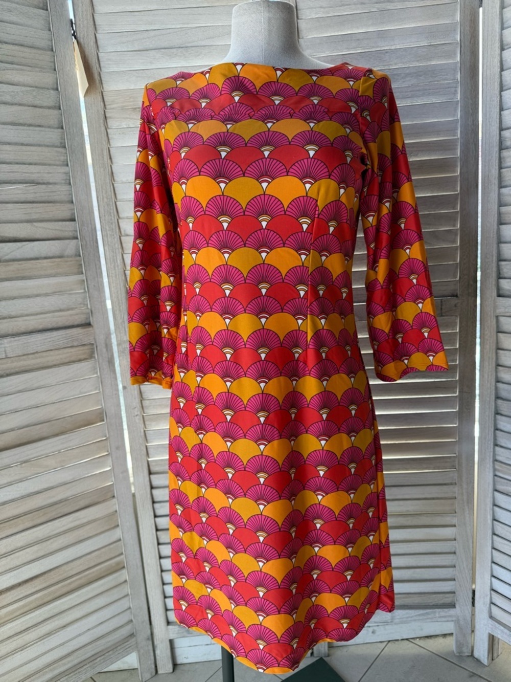 Jude Connally Shannon Dress Jude Cloth 3/4 Sleeve Pink Orange Fan Print Medium - Picture 2 of 5